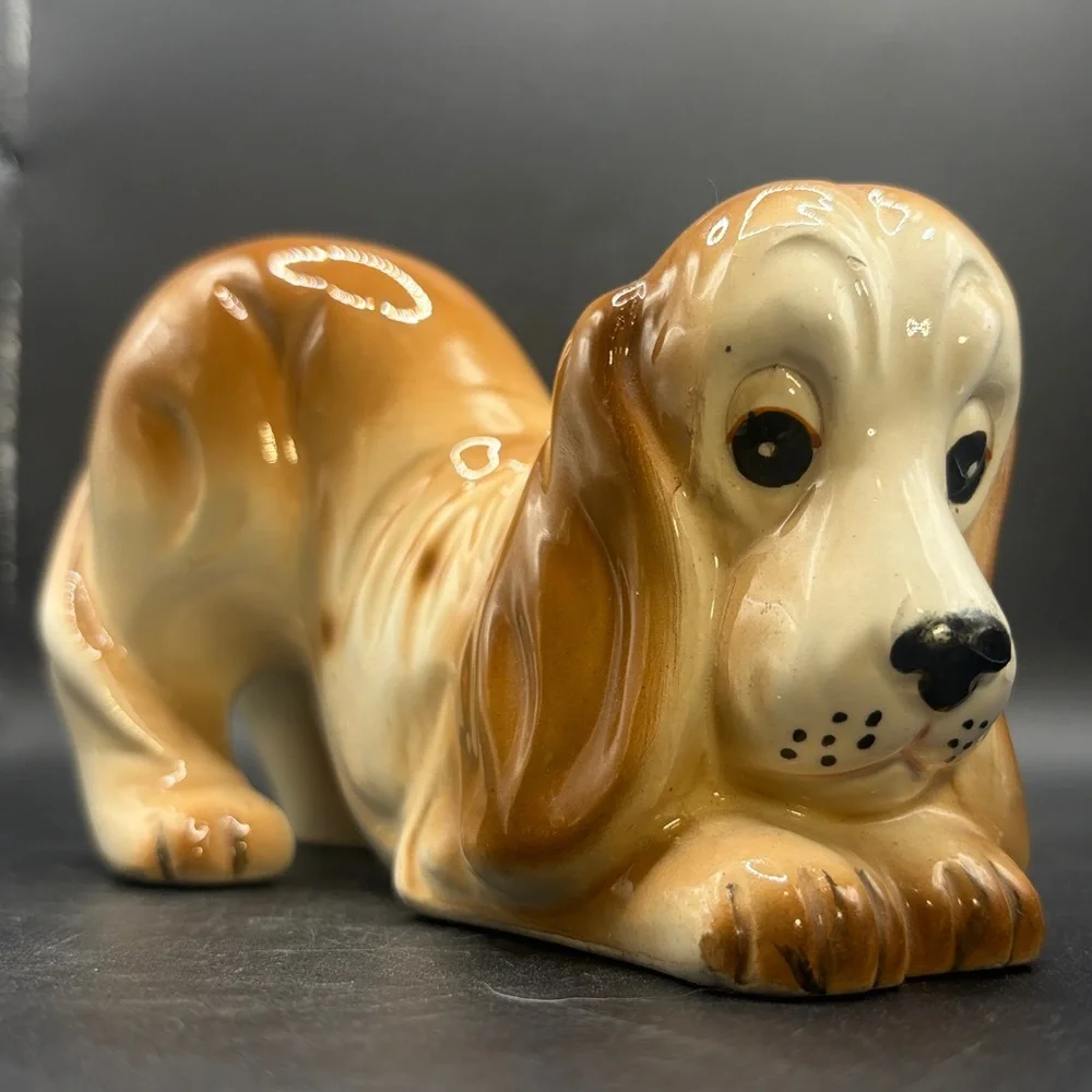Vintage Hand Painted Ceramic Basset Hound Dog Puppy Figurine Collectible Figure